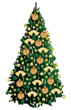 a christmas tree with gold and green ornaments
