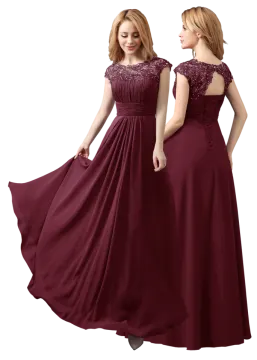 a woman wearing a burgundy bridesma dress