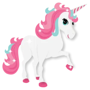a white unicorn with pink hair and blue eyes