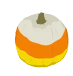 an orange and yellow pumpkin sitting on a white surface
