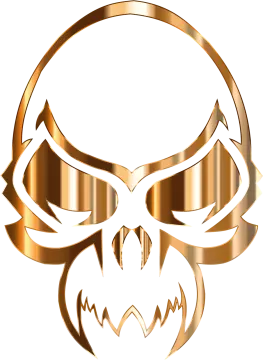 an image of a gold skull with fangs