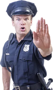 a man in a police uniform with his hand up