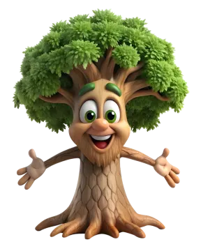 a cartoon tree with green leaves on its head