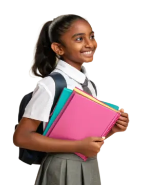 a young girl holding a book and smiling