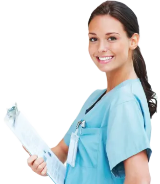 a woman in scrubs holding a clipboard