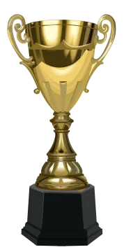 a gold trophy on a black pedestal