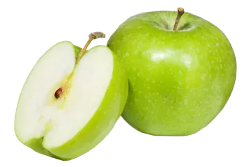 two green apples with one cut in half