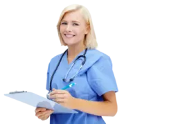 a woman in scrubs holding a clipboard