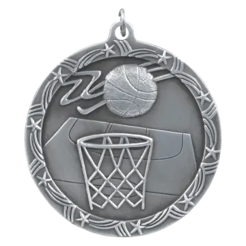 a basketball medal with a ball and hoop