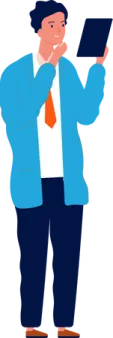 a man in a suit and tie holding a tablet