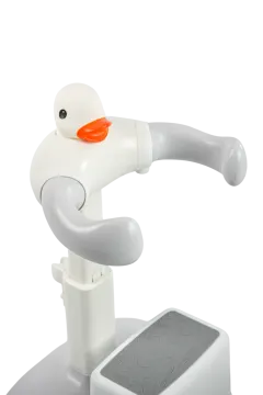 a white duck with an orange beak on it's head