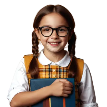 a little girl wearing glasses and holding a book