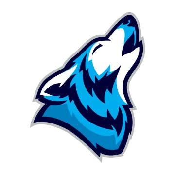 a wolf head with blue and white colors