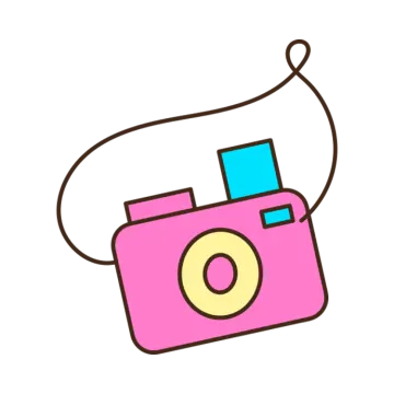 a pink camera with blue and yellow squares