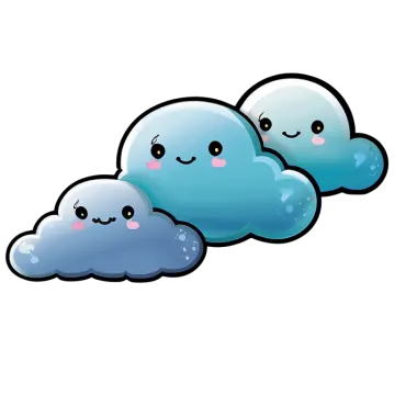 three blue clouds with smiling faces