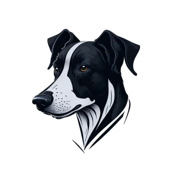 a black and white dog head on a white background