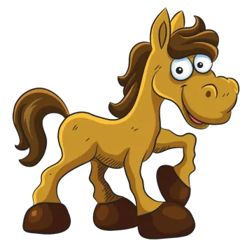 a cartoon horse with big eyes and brown hair