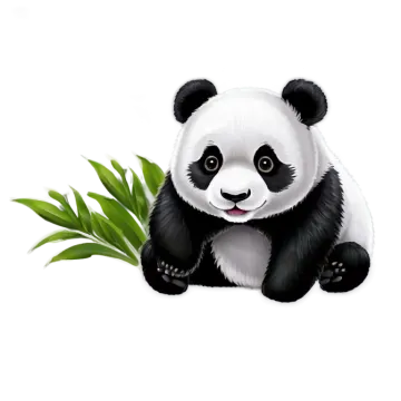 a panda bear sitting next to some bamboo leaves