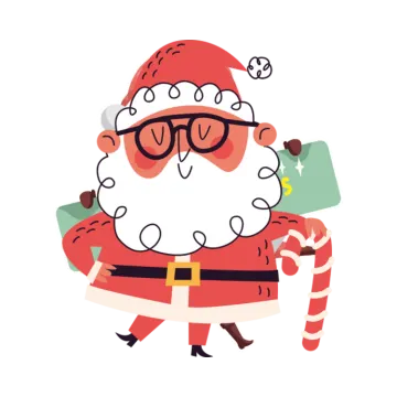 a cartoon santa with glasses and a bag of gifts