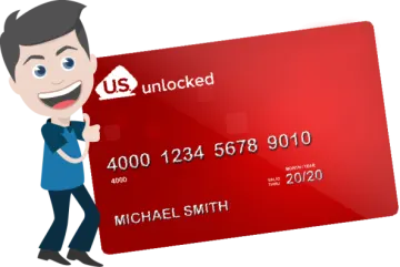 a man holding up a red credit card