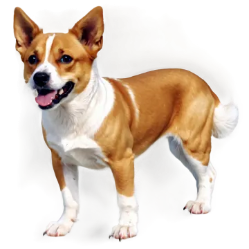 a small brown and white dog standing on a white surface