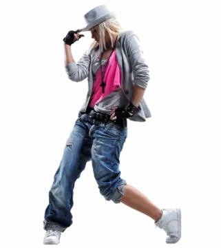 a woman in jeans and a pink shirt dancing