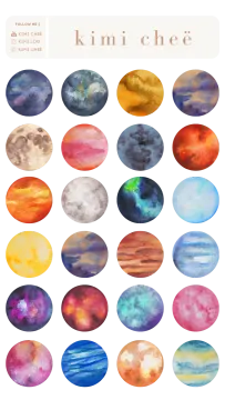 a collection of watercolor planets in different colors