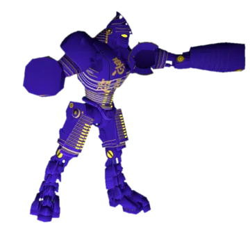 a purple and yellow robot with arms outstretched