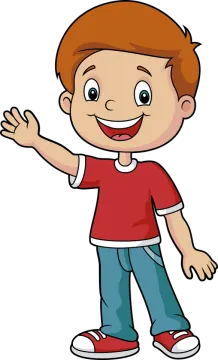 a boy in red shirt and blue jeans waving