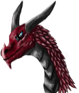 a red and black dragon head with blue eyes