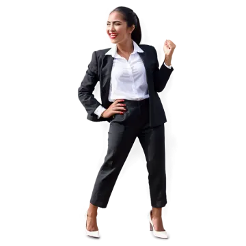 a woman in a black suit and white shirt