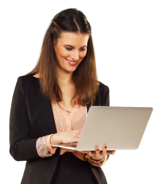 a woman in a business suit holding a laptop
