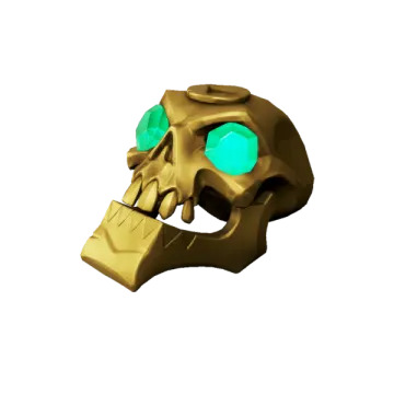 an image of a gold skull with green eyes