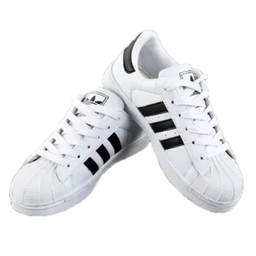 a pair of white sneakers with black stripes
