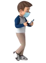 a boy wearing a face mask and holding a cell phone