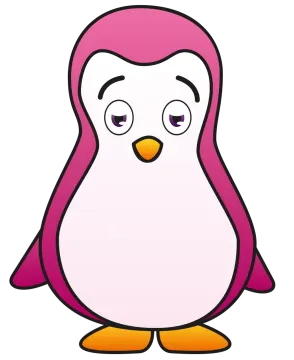 a cartoon penguin with pink hair and yellow eyes