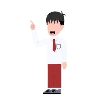 a man in a white shirt and red pants pointing at something