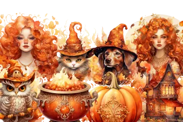 a group of witches with pumpkins and witches