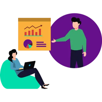 a man and woman sitting on a couch in front of a chart