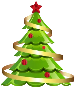 a green christmas tree with gold ribbon