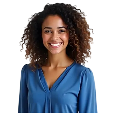 a woman wearing a blue blouse and smiling
