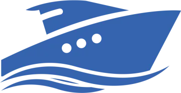 a blue and white logo with a boat in the middle