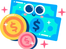 a pile of money with eyes and stars around it