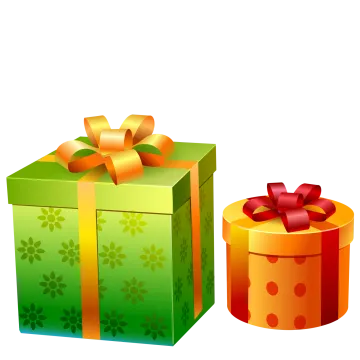 a green and orange gift box with a red bow