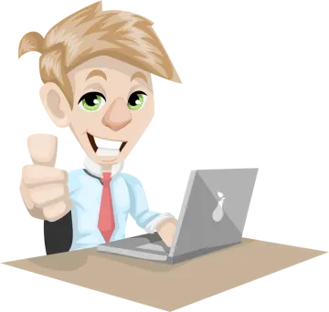a cartoon man sitting at a desk with a laptop