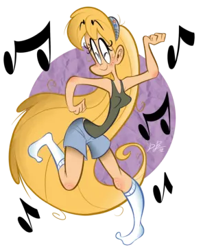 an image of a girl running through music notes