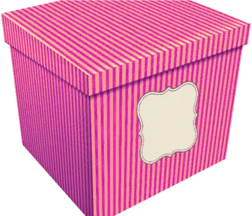 a pink and yellow striped box with a white label