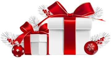 a white gift box with red ribbon and christmas decorations