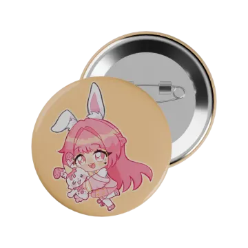 a button with an image of a girl holding a cat