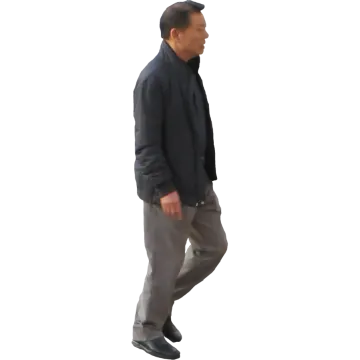 a man in a black jacket and gray pants
